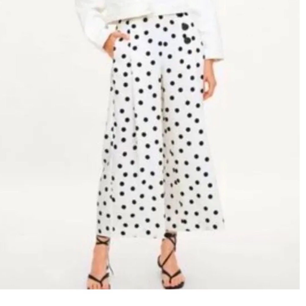 Zara White Black Large Polka-dot Wide Leg Cropped High Waist Pants